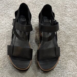 Eileen Fisher Luck Smooth Black Leather Platform Sandals -9